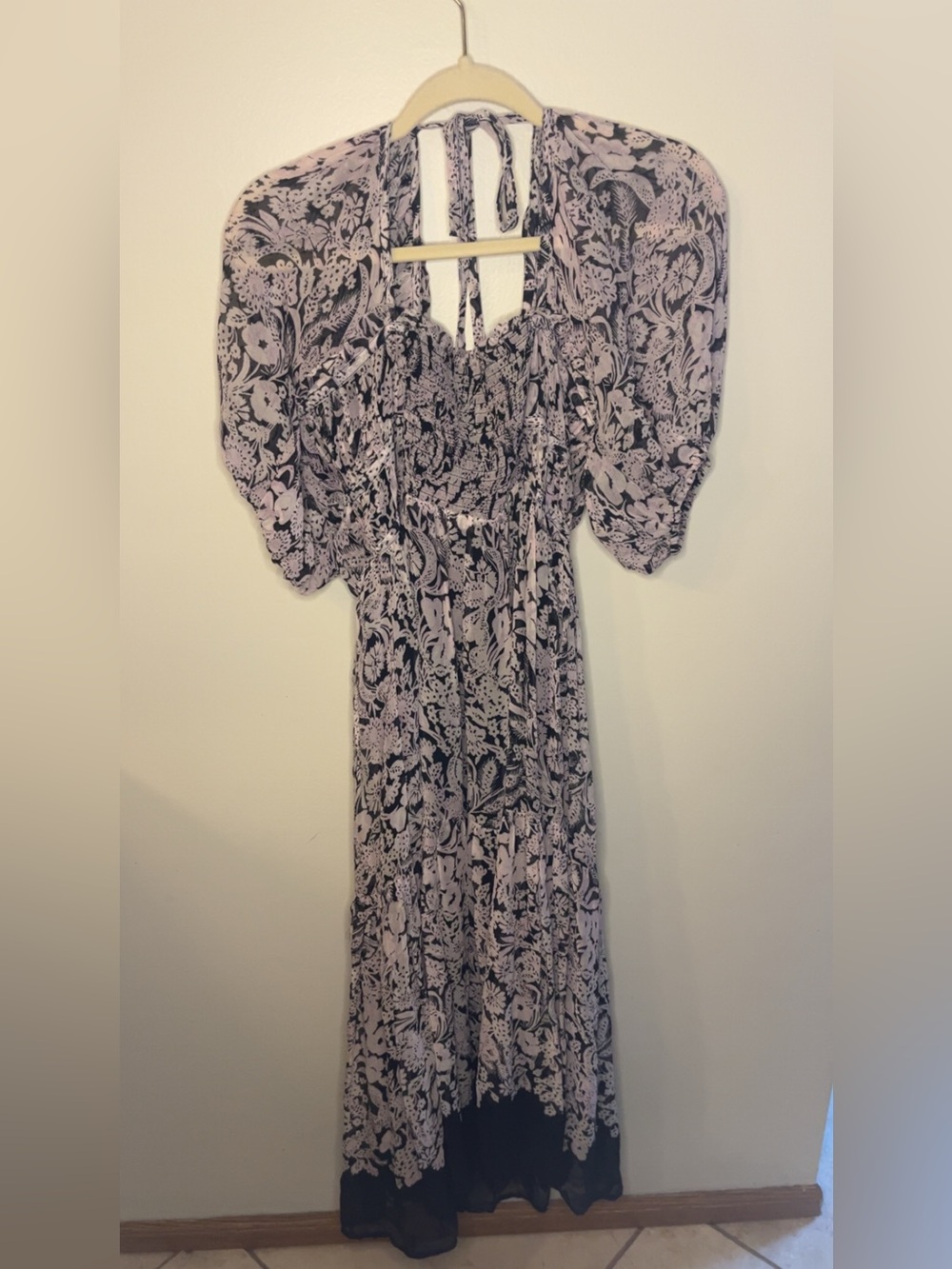 Anthropologie purple and Black Floral Puff-Sleeve Maxi Dress